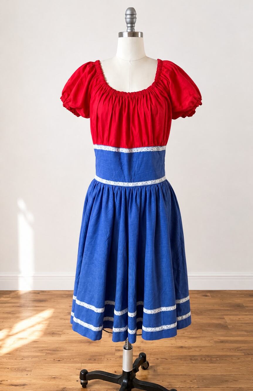 Vintage 1970s Alma Dutton Squaw Patio Dress Southwestern Red Blue Lace L